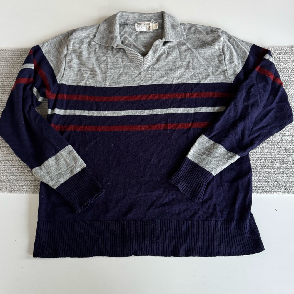 Vintage 70s Montgomery Ward Gray Navy Maroon Striped Collared Sweater Size XL